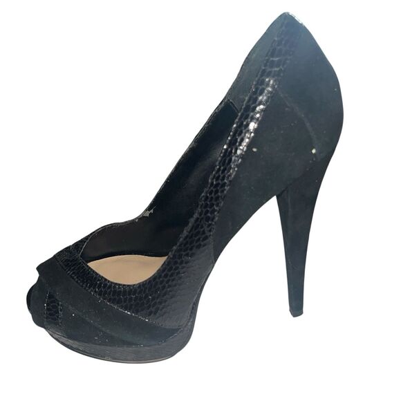H by Halston Black Suede Snake Accents Platform Peep Toe Stiletto Women's Size 6 - Picture 3 of 10